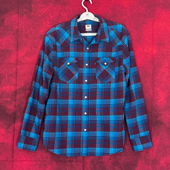 LEVI'S CLASSIC WESTERN FLANEL SHIRT, BLUE & RED PLAID PEARL SNAP BUTTONS SIZE L - Picture 2 of 11